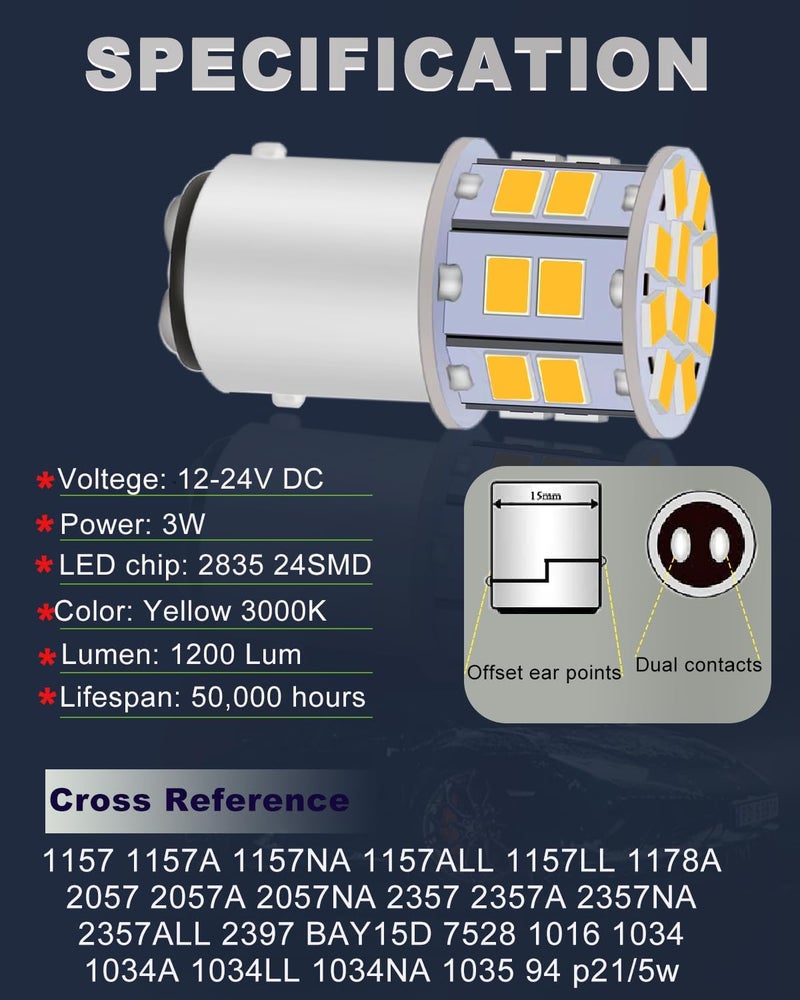 LEDYOTRY 1157 2357 LED Bulb Amber Turn Signal Lights 12V-24V Super Bright Low Power 2057 7528 BAY15D LED Bulb for Brake Tail Lights, Turn Stop Signal Light, Side Marker Parking Light, Pack of 2 - Image 2